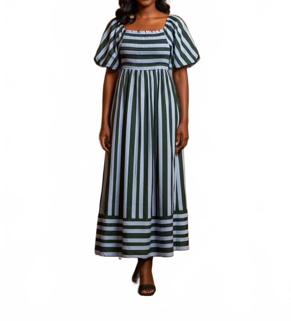 NEW SHE + SKY women's short bubble sleeve smocked top striped midi dress in blue